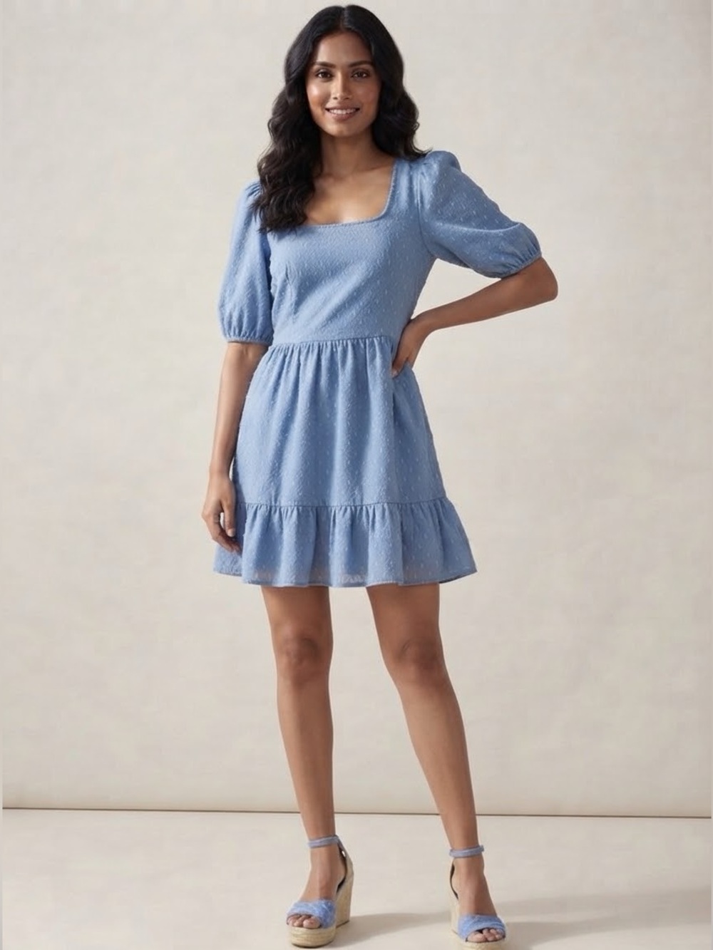 LOFT Chambray Blue Square-Neck Puff-Sleeve Mini Dress